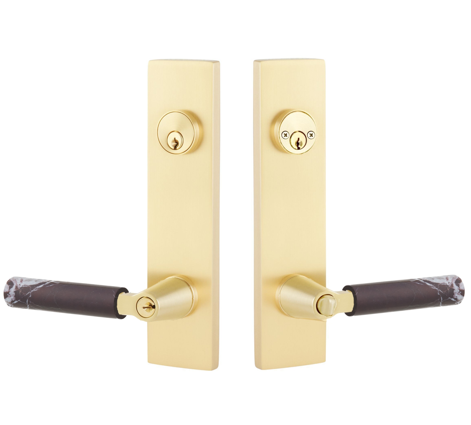 Emtek 5322 Modern Rectangular Two Point Double Cylinder L Square Rosso Levanto Marble Key in Lever